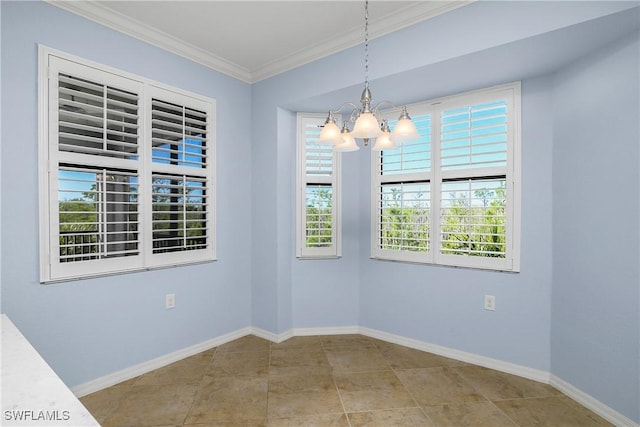 9719 Acqua Ct Unit 241, Naples, FL 34113 - unfurnished dining area featuring a chandelier, crown molding, baseboards, and tile patterned flooring
