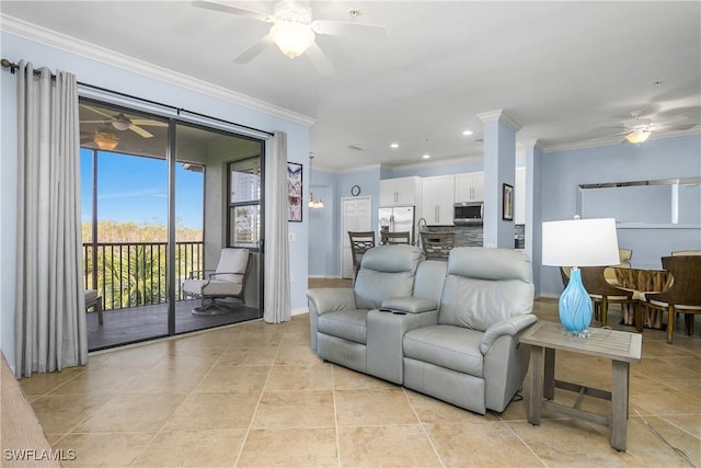 9719 Acqua Ct Unit 241, Naples, FL 34113 - living room featuring ceiling fan, ornamental molding, light tile patterned floors, recessed lighting, and baseboards