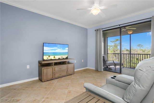 9719 Acqua Ct Unit 241, Naples, FL 34113 - living area featuring light tile patterned floors, ornamental molding, a ceiling fan, and baseboards