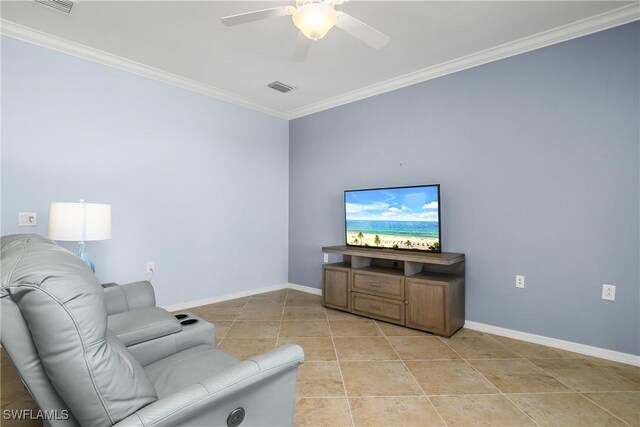 9719 Acqua Ct Unit 241, Naples, FL 34113 - living area with ornamental molding, ceiling fan, baseboards, and light tile patterned floors