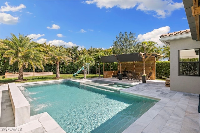 4045 Nova Ln, Naples, FL 34119 - pool with a patio area, fence, a playground, and an in ground hot tub