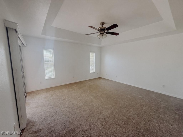 spare room featuring plenty of natural light, carpet, and a tray ceiling
