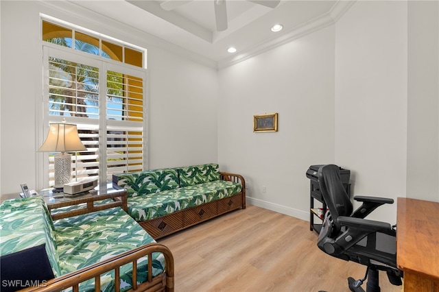 office space with recessed lighting, wood finished floors, ornamental molding, baseboards, and ceiling fan