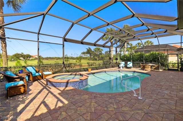 view of pool with glass enclosure, view of golf course, a pool with connected hot tub, and a patio area