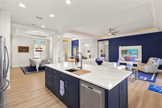 kitchen with a tray ceiling, appliances with stainless steel finishes, open floor plan, and a sink