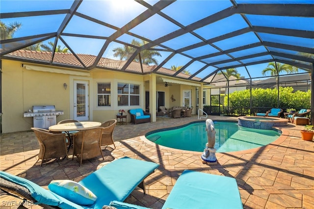 view of swimming pool with outdoor dining space, grilling area, a patio, an outdoor hangout area, and ceiling fan