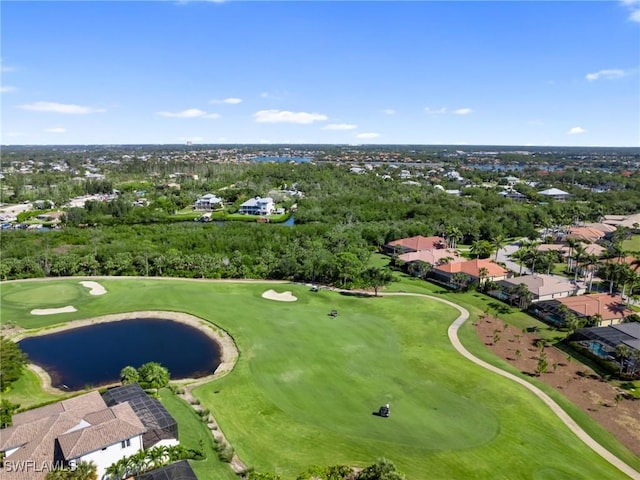 aerial view featuring a residential view, a water view, and golf course view