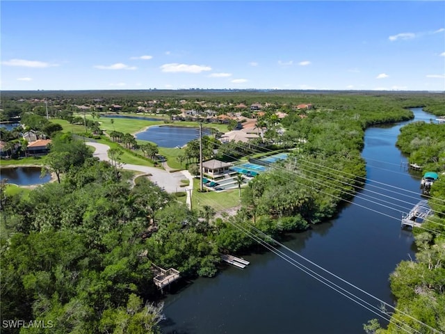 drone / aerial view featuring a residential view and a water view
