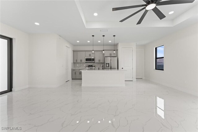 5327 Beauty St, Lehigh Acres, FL 33971 - unfurnished living room featuring recessed lighting, marble finish floor, baseboards, and ceiling fan