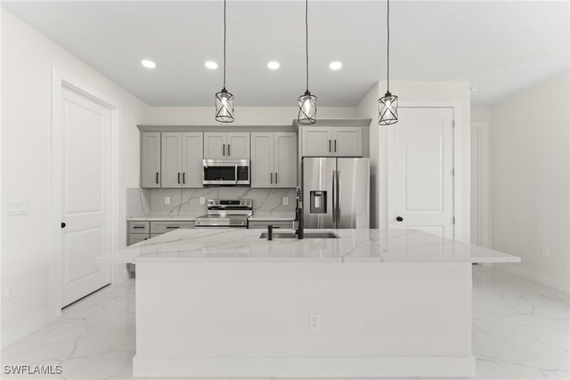 5327 Beauty St, Lehigh Acres, FL 33971 - kitchen featuring gray cabinets, marble finish floor, appliances with stainless steel finishes, and recessed lighting