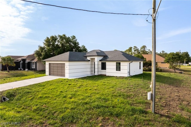 5327 Beauty St, Lehigh Acres, FL 33971 - view of front of house featuring driveway, a front yard, a garage, stucco siding, and roof with shingles