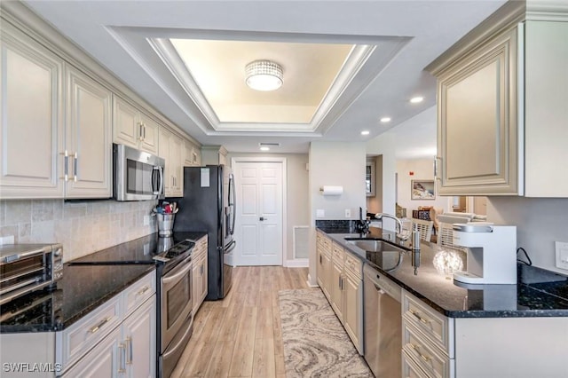 kitchen featuring appliances with stainless steel finishes, a toaster, a raised ceiling, light wood finished floors, and a sink