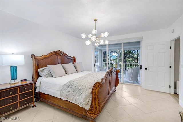 bedroom with light tile patterned floors, access to outside, and an inviting chandelier