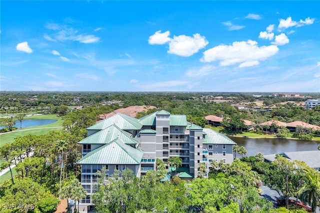 bird's eye view with a water view