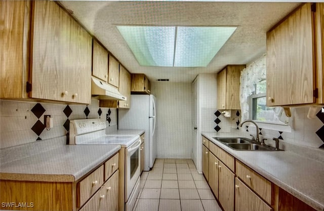 21070 Delake Ave, Port Charlotte, FL 33954 - kitchen with electric stove, a sink, under cabinet range hood, decorative backsplash, and light countertops