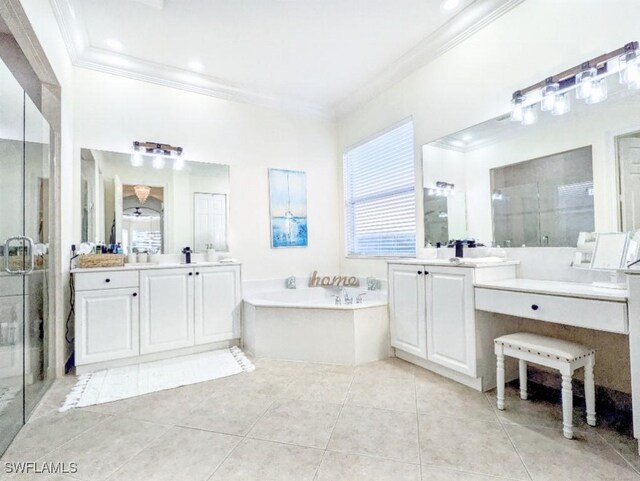 full bathroom featuring ornamental molding, a shower stall, and tile patterned flooring