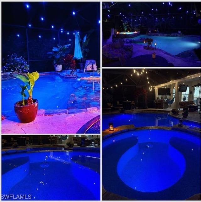outdoor pool with a patio area and an in ground hot tub