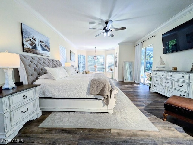 bedroom featuring access to outside, dark wood-style flooring, ornamental molding, and a ceiling fan