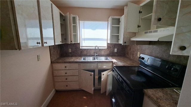 509 W Obispo Ave, Clewiston, FL 33440 - kitchen with open shelves, under cabinet range hood, tasteful backsplash, a sink, and black / electric stove