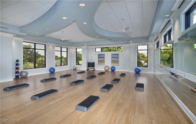 9200 Highland Woods Blvd Unit 1309, Bonita Springs, FL 34135 - workout area featuring baseboards, ceiling fan, recessed lighting, wood finished floors, and a drop ceiling
