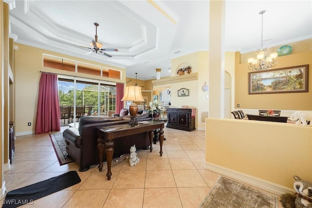 18510 Ellen Ave, Port Charlotte, FL 33948 - living room with ornamental molding, light tile patterned flooring, and ceiling fan with notable chandelier