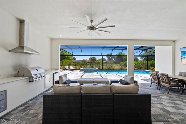 9974 Winterview Dr, Naples, FL 34109 - view of patio featuring an outdoor living space, ceiling fan, a pool with connected hot tub, outdoor dining area, and glass enclosure