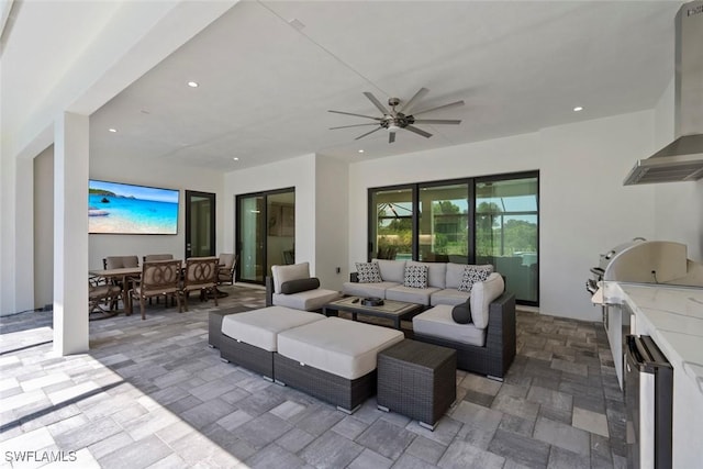 9974 Winterview Dr, Naples, FL 34109 - view of patio with outdoor dining area, an outdoor living space, and a ceiling fan
