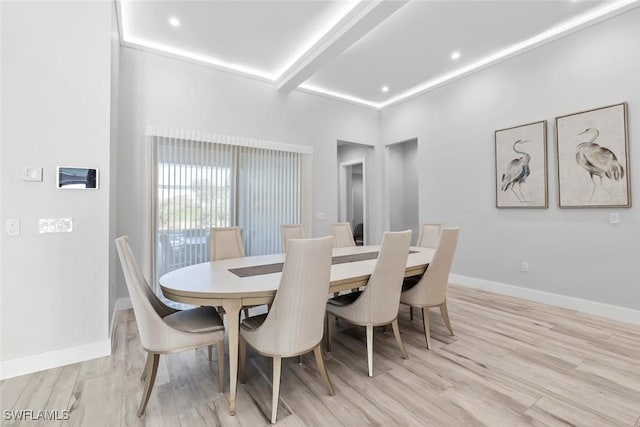 9974 Winterview Dr, Naples, FL 34109 - dining area featuring light wood-style flooring, baseboards, beam ceiling, and recessed lighting