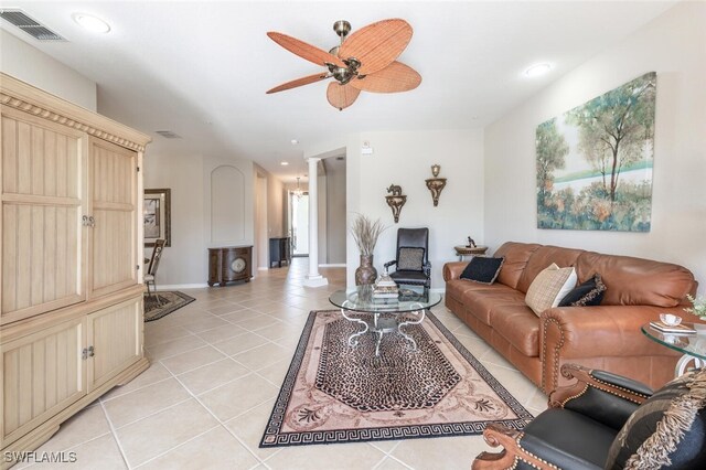 4660 Winged Foot Ct Unit 102, Naples, FL 34112 - living room featuring light tile patterned floors, ceiling fan, recessed lighting, and visible vents