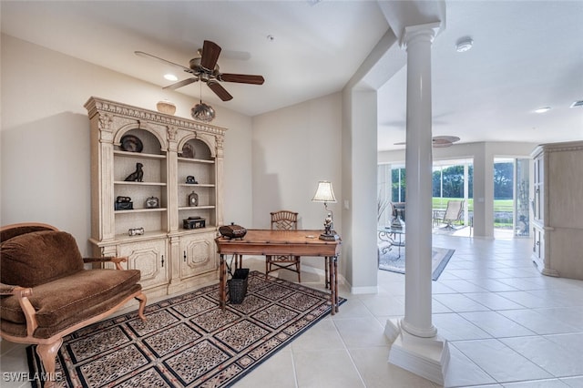 4660 Winged Foot Ct Unit 102, Naples, FL 34112 - office space with ceiling fan, light tile patterned floors, ornate columns, recessed lighting, and baseboards