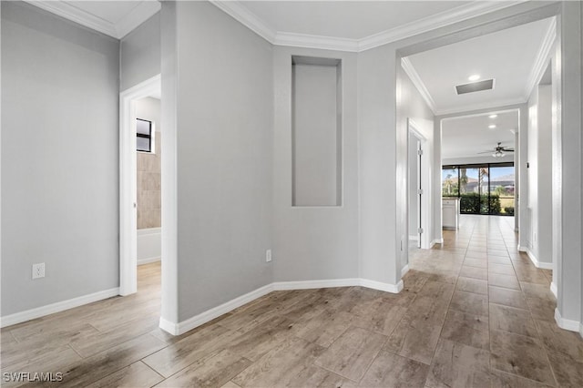 19874 Beverly Park Rd, Estero, FL 33928 - hall featuring crown molding, baseboards, visible vents, and wood finished floors