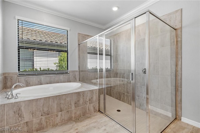 19874 Beverly Park Rd, Estero, FL 33928 - bathroom with crown molding, tile patterned flooring, a shower stall, and a bath
