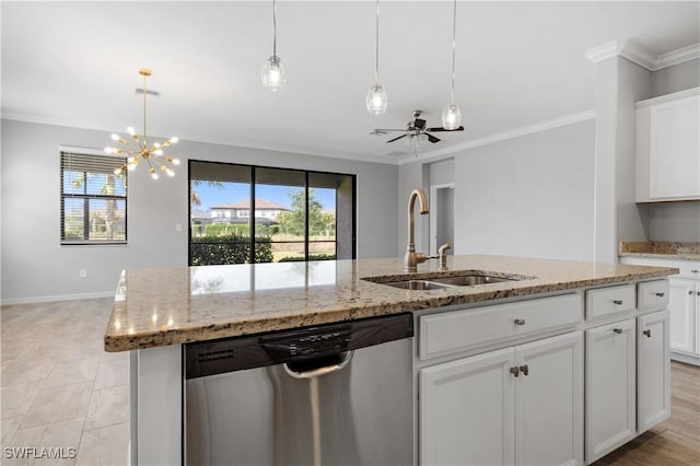 19874 Beverly Park Rd, Estero, FL 33928 - kitchen featuring crown molding, white cabinets, a sink, dishwasher, and decorative light fixtures