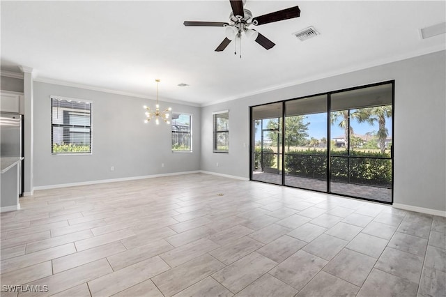 19874 Beverly Park Rd, Estero, FL 33928 - unfurnished room featuring crown molding, visible vents, a wealth of natural light, and ceiling fan with notable chandelier