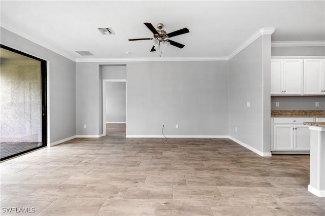 19874 Beverly Park Rd, Estero, FL 33928 - unfurnished living room with crown molding, a ceiling fan, baseboards, and visible vents