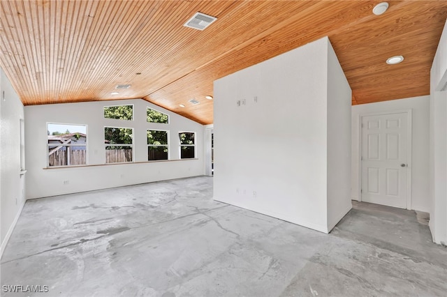 unfurnished living room featuring unfinished concrete floors, visible vents, wood ceiling, and lofted ceiling