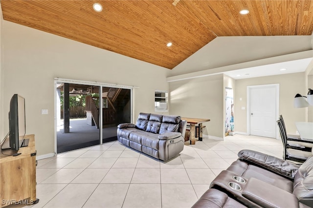 living area with wooden ceiling, light tile patterned flooring, baseboards, and recessed lighting