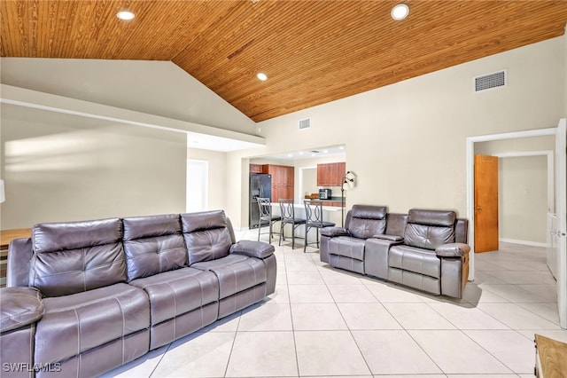 living area featuring light tile patterned floors, visible vents, wooden ceiling, recessed lighting, and high vaulted ceiling