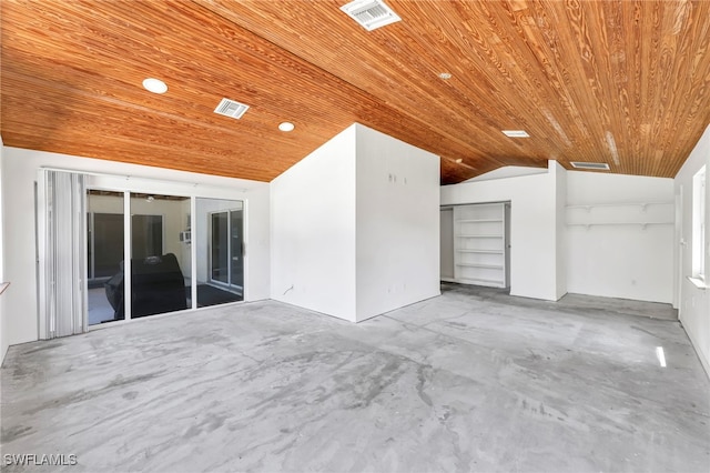 spare room with visible vents, wood ceiling, lofted ceiling, and unfinished concrete floors