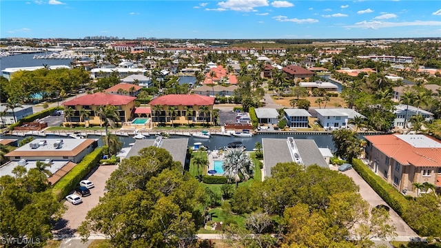 bird's eye view featuring a water view and a residential view