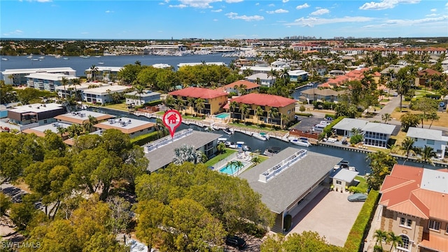 drone / aerial view featuring a water view