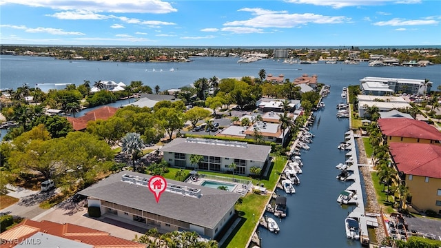 aerial view featuring a water view