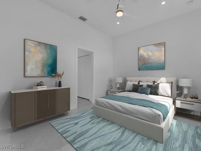 bedroom with recessed lighting, visible vents, a closet, and ceiling fan