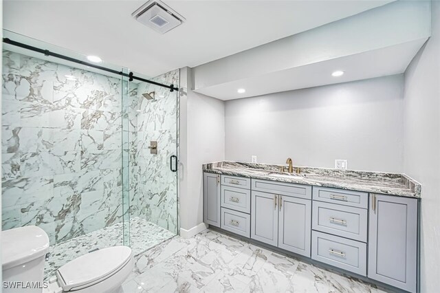 446 Lake Murex Cir, Sanibel, FL 33957 - bathroom with visible vents, marble finish floor, a marble finish shower, and toilet