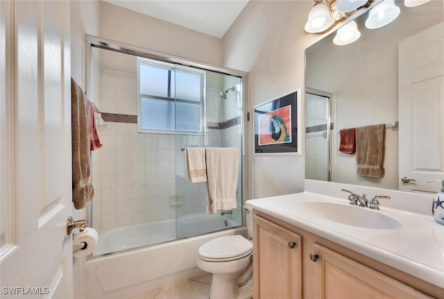 317 Harvard Ln, Naples, FL 34104 - bathroom with vanity, toilet, shower / bath combination with glass door, tile patterned floors, and a chandelier