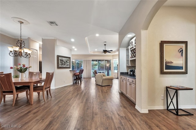 317 Harvard Ln, Naples, FL 34104 - dining room featuring dark wood-style flooring, recessed lighting, baseboards, a chandelier, and a ceiling fan
