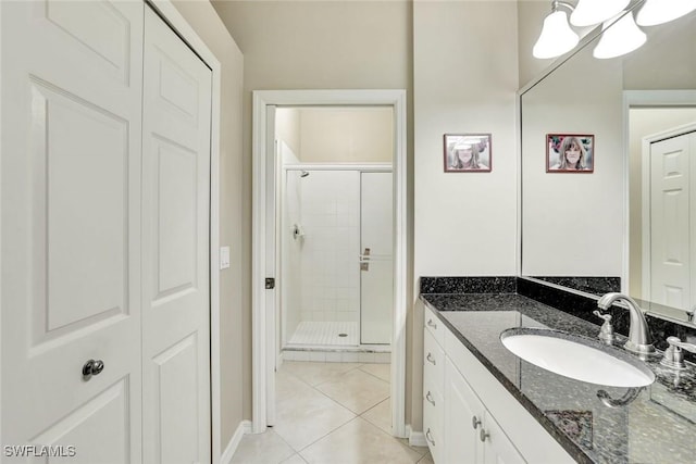 full bathroom featuring a shower stall, a closet, tile patterned flooring, and vanity