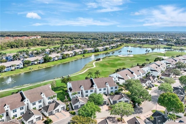 bird's eye view featuring a residential view, a water view, and view of golf course