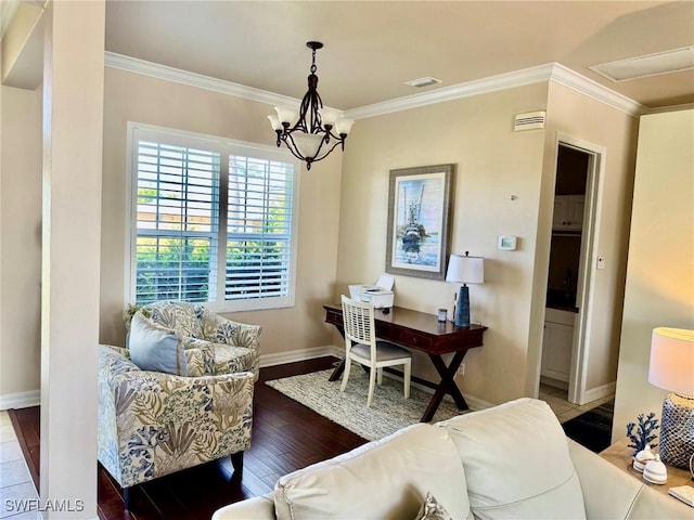 3323 SW 25th Ct, Cape Coral, FL 33914 - interior space featuring baseboards, ornamental molding, a chandelier, and wood finished floors