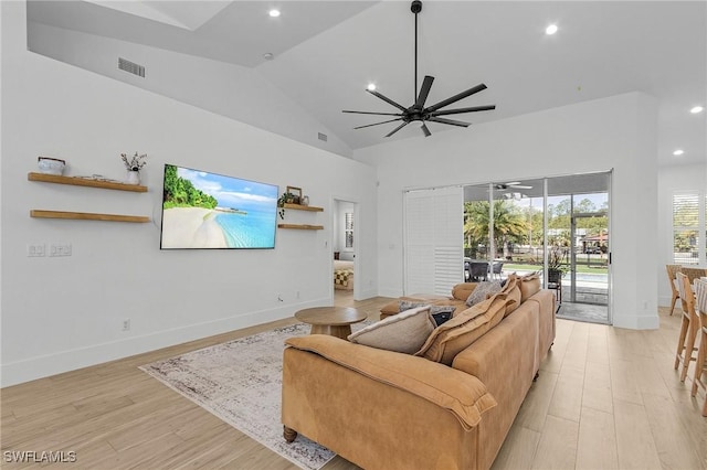 595 31st St NW, Naples, FL 34120 - living area featuring a ceiling fan, light wood finished floors, baseboards, recessed lighting, and high vaulted ceiling
